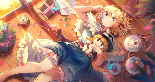 Anime picture 6544x3471 with touhou kirisame marisa alice margatroid kita (kitairoha) single highres short hair blue eyes blonde hair wide image holding looking away absurdres indoors lying bare legs on back girl flower (flowers) petals