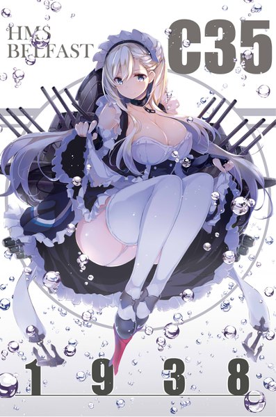 Anime picture 1860x2809 with azur lane belfast (azur lane) kurokawa izumi single long hair tall image looking at viewer highres breasts blue eyes light erotic blonde hair smile cleavage full body character names huge breasts revision girl thighhighs