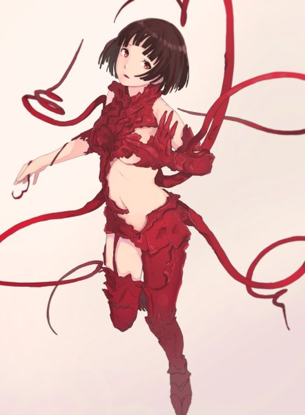 Anime picture 900x1221 with sidonia no kishi hoshijiro shizuka gauna youmak single tall image fringe short hair breasts light erotic black hair simple background red eyes looking away parted lips bare belly weightlessness monster girl girl tentacles