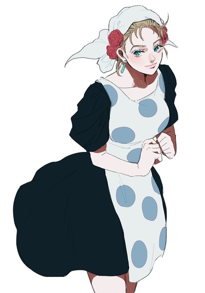 Anime picture 561x800 with jojo no kimyou na bouken suzi q halu-ca single tall image blush short hair blue eyes simple background blonde hair smile white background looking away from above polka dot girl earrings apron headscarf