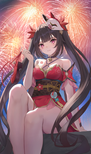 Anime picture 2083x3513 with honkai: star rail honkai (series) sparkle (honkai: star rail) i ruru single long hair tall image looking at viewer fringe highres breasts light erotic black hair sitting twintails bare shoulders outdoors blunt bangs traditional clothes parted lips