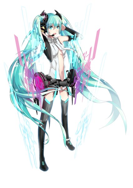 Anime picture 1240x1748 with vocaloid vocaloid append hatsune miku hatsune miku (append) lightofheaven single long hair tall image blush open mouth simple background white background twintails very long hair aqua eyes aqua hair glowing girl navel hair ornament