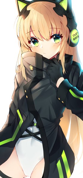 Anime picture 1653x3543 with girls frontline tmp (girls frontline) yanggang single long hair tall image looking at viewer blush fringe light erotic blonde hair simple background hair between eyes standing white background green eyes animal ears cat ears covered navel fake animal ears