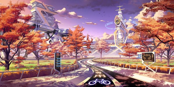 Anime picture 1500x750 with mirai millenium pinakes wide image sky cloud (clouds) no people landscape scenic autumn nature plant (plants) tree (trees) leaf (leaves) building (buildings) autumn leaves road traffic sign