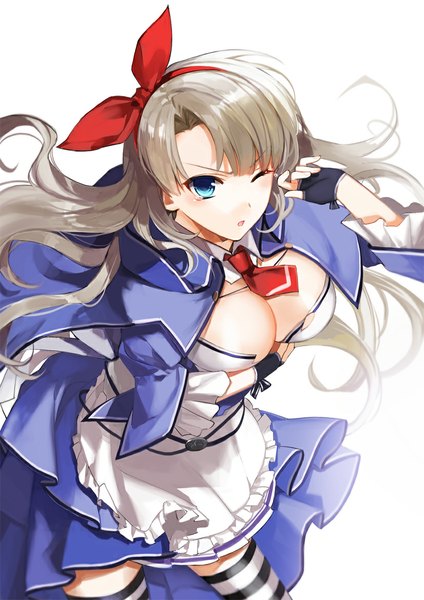Anime picture 827x1170 with queen's blade alicia (queen's blade) uhouho14 single long hair tall image blush fringe breasts blue eyes light erotic simple background large breasts white background looking away silver hair one eye closed from above girl gloves