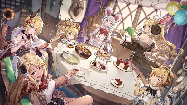 Anime picture 1920x1080 with granblue fantasy vikala (granblue fantasy) anila (granblue fantasy) andira (granblue fantasy) kumbhira (granblue fantasy) vajra (granblue fantasy) mahira (granblue fantasy) hentai kuwa long hair looking at viewer blush fringe highres short hair open mouth blonde hair smile hair between eyes red eyes wide image