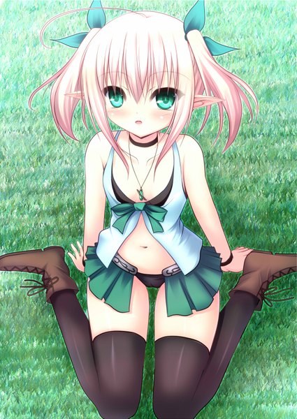Anime picture 1204x1701 with original nyarumi single tall image blush short hair sitting green eyes pink hair pointy ears girl thighhighs navel bow black thighhighs hair bow pendant