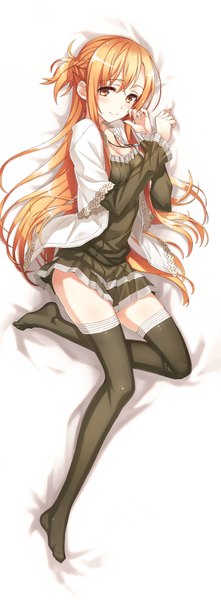 Anime picture 1478x4000 with sword art online a-1 pictures yuuki asuna matsuryuu single long hair tall image looking at viewer blush simple background brown hair white background brown eyes full body lying embarrassed no shoes on side dakimakura (medium) girl