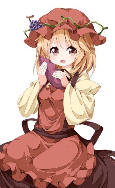 Anime picture 614x1000 with touhou aki minoriko ruu (tksymkw) single long hair tall image looking at viewer blush short hair open mouth blonde hair simple background red eyes white background girl food bonnet berry (berries) grapes sweet potato