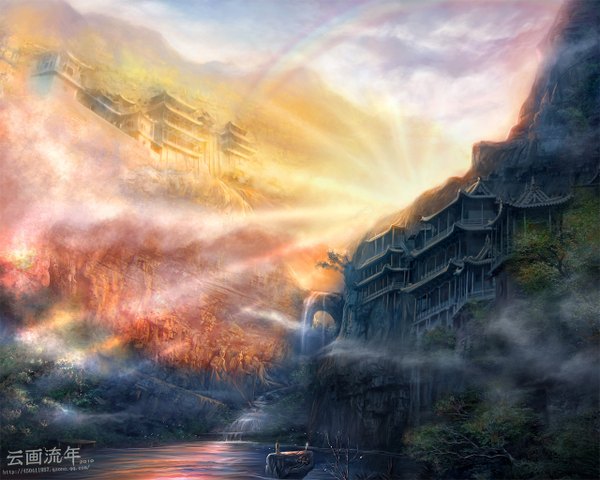 Anime picture 1280x1024 with hiliuyun (artist) single long hair sky cloud (clouds) from behind hieroglyph mountain landscape river rock waterfall fog morning sunrise plant (plants) sword tree (trees) water building (buildings)