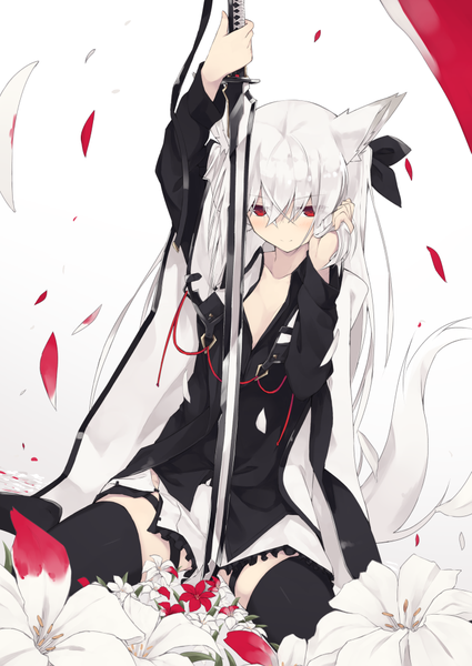 Anime picture 724x1023 with original nagishiro mito single long hair tall image blush fringe simple background smile hair between eyes red eyes sitting holding animal ears white hair tail long sleeves animal tail fox ears gradient background