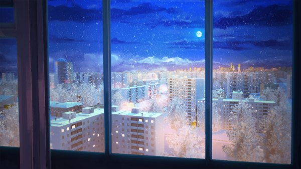 Anime picture 1920x1080 with everlasting summer iichan eroge arsenixc vvcephei highres wide image game cg sky cloud (clouds) indoors night wallpaper city snowing winter snow cityscape no people landscape scenic