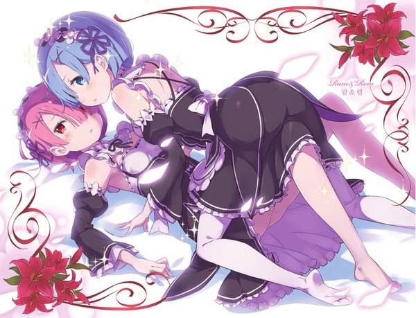 Anime picture 2350x1800 with re:zero kara hajimeru isekai seikatsu white fox rem (re:zero) ram (re:zero) blush fringe highres short hair blue eyes light erotic red eyes multiple girls blue hair pink hair hair over one eye maid girl dress uniform flower (flowers)