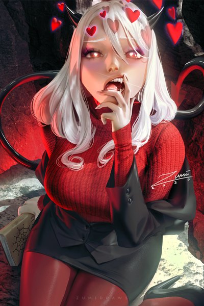 Anime picture 2339x3508 with helltaker modeus (helltaker) zumi (zumidraws) single long hair tall image looking at viewer blush fringe highres open mouth hair between eyes red eyes sitting holding signed white hair tail long sleeves arm up