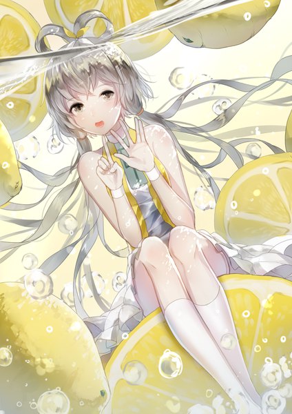 Anime picture 2480x3507 with vocaloid vocaloid china luo tianyi tadatsu single tall image looking at viewer blush fringe highres open mouth hair between eyes sitting twintails bare shoulders brown eyes silver hair bent knee (knees) very long hair :d