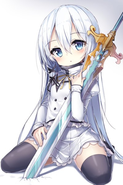 Anime-Bild 1400x2100 mit seirei tsukai no blade dance terminus est darnell single long hair tall image looking at viewer blush fringe open mouth blue eyes simple background hair between eyes white background sitting holding silver hair full body bent knee (knees) long sleeves