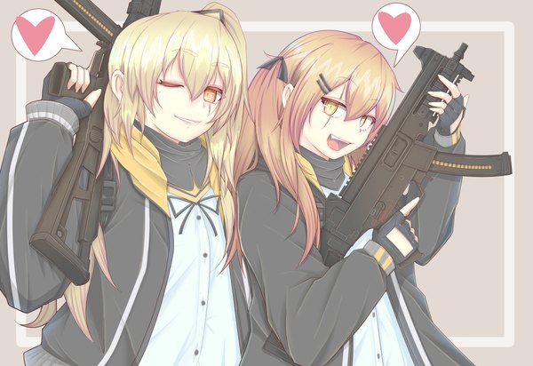 Anime picture 4006x2750 with girls frontline ump45 (girls frontline) ump9 (girls frontline) cube85 long hair looking at viewer fringe highres open mouth simple background blonde hair smile hair between eyes multiple girls holding yellow eyes payot absurdres upper body long sleeves