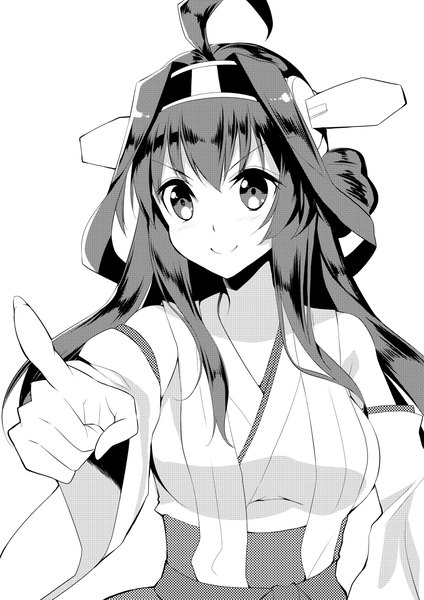 Anime picture 849x1200 with kantai collection kongou battleship yappen single long hair tall image looking at viewer simple background smile white background ahoge traditional clothes japanese clothes outstretched arm monochrome nontraditional miko girl headdress