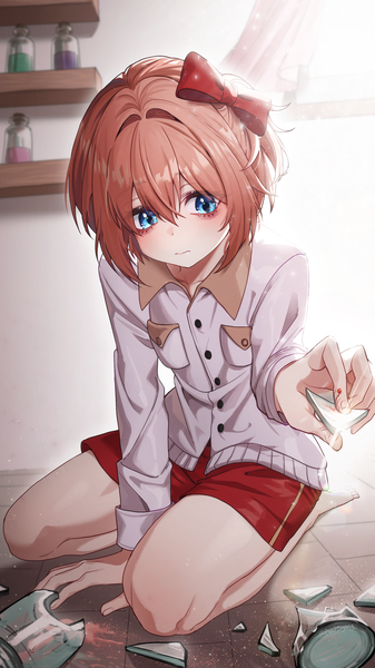 Anime picture 1080x1920 with doki doki literature club sayori (doki doki literature club) prodonyang single tall image fringe short hair blue eyes hair between eyes brown hair sitting holding signed looking away full body bent knee (knees) indoors long sleeves barefoot sunlight