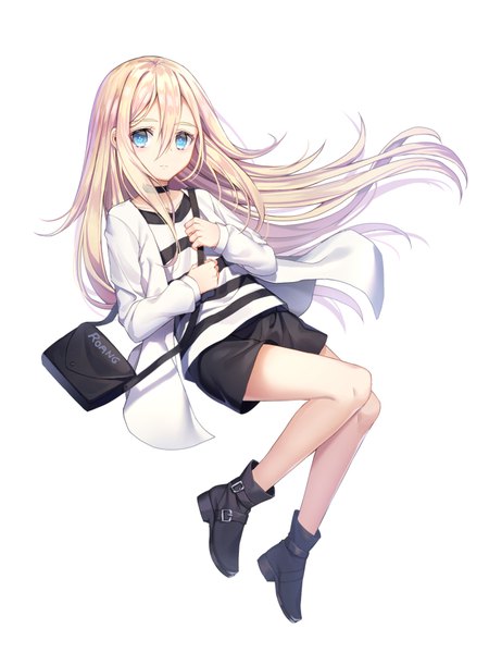 Anime picture 700x933 with satsuriku no tenshi ray (satsuriku no tenshi) roang single long hair tall image looking at viewer blush fringe blue eyes simple background blonde hair hair between eyes white background holding signed payot full body bent knee (knees) long sleeves