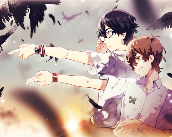 Anime picture 1200x960 with zankyou no terror mappa twelve nine galsuwaidi fringe short hair smile brown hair brown eyes purple hair fingernails black eyes multiple boys open collar serious glow pointing adjusting glasses boy