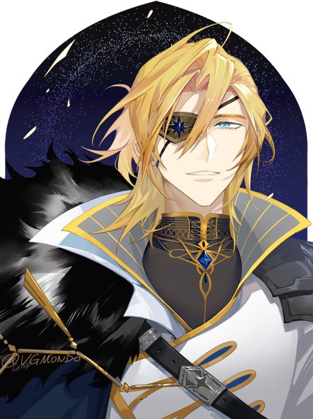 Anime picture 1080x1444 with fire emblem fire emblem: three houses nintendo dimitri alexandre blaiddyd vgmondo single tall image looking at viewer fringe short hair blue eyes blonde hair hair between eyes signed upper body parted lips light smile fur trim twitter username outside border