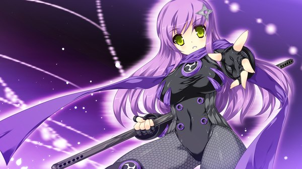 Anime picture 1280x720 with blades heart (game) long hair looking at viewer light erotic wide image green eyes game cg purple hair outstretched arm girl scarf