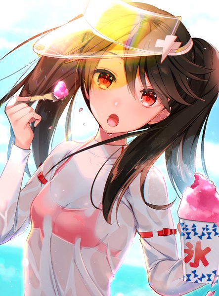 Anime picture 739x1000 with kantai collection ryuujou light aircraft carrier hayakawa akari single long hair tall image looking at viewer fringe open mouth hair between eyes red eyes brown hair twintails holding traditional clothes head tilt girl food sweets spoon