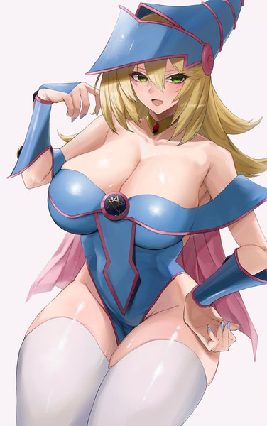 Anime picture 1907x3040 with yu-gi-oh! dark magician girl kataku musou single long hair tall image looking at viewer blush fringe highres breasts open mouth light erotic blonde hair smile hair between eyes large breasts white background sitting bare shoulders