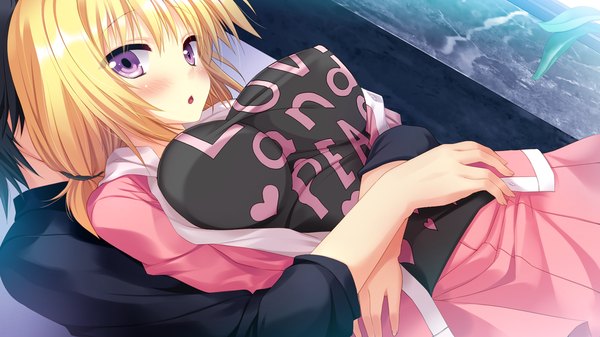 Anime picture 1280x720 with koiken otome ichikura chiharu long hair blush breasts open mouth light erotic blonde hair wide image large breasts purple eyes game cg couple hug girl boy
