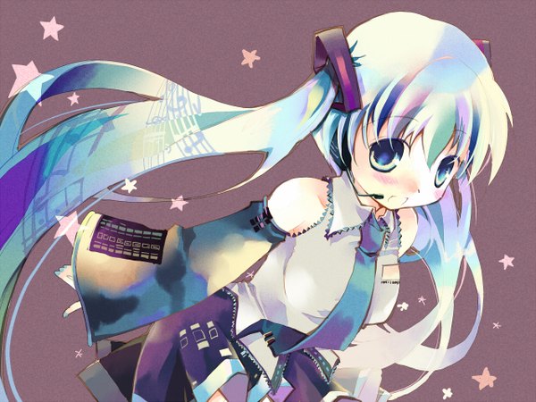 Anime picture 1280x960 with vocaloid hatsune miku ayuka single looking at viewer blush fringe open mouth blue eyes simple background hair between eyes twintails bare shoulders upper body very long hair nail polish aqua hair wide sleeves spread arms purple background