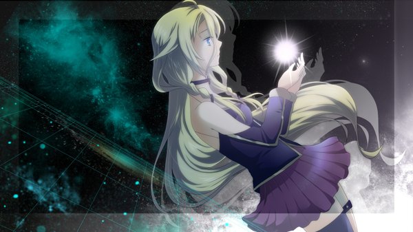 Anime picture 1500x844 with vocaloid ia (vocaloid) mariwai (marireroy) single long hair blue eyes blonde hair wide image braid (braids) twin braids magic space girl skirt detached sleeves