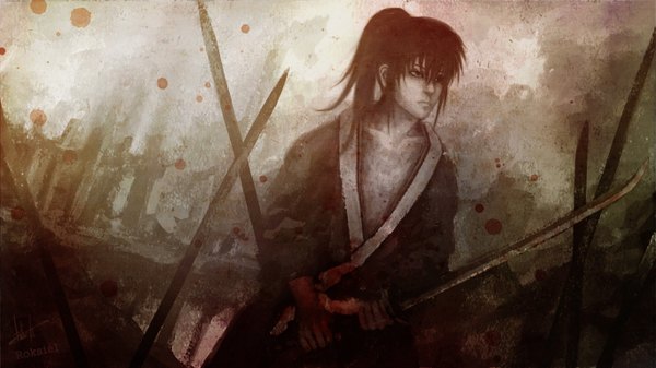 Anime picture 1366x768 with gintama sunrise (studio) hijikata toshiro roksiel (artist) single long hair brown hair wide image standing holding brown eyes looking away outdoors ponytail traditional clothes japanese clothes samurai boy weapon sword