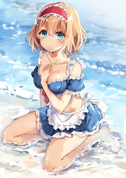 Anime picture 1200x1697 with touhou alice margatroid kisaragi yuri single tall image looking at viewer blush fringe short hair breasts blue eyes light erotic blonde hair hair between eyes sitting cleavage full body outdoors barefoot bare legs
