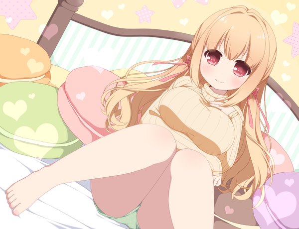 Anime picture 1451x1113 with original ringo yuyu single long hair blush breasts light erotic blonde hair smile red eyes large breasts legs girl shorts heart pillow bed sweater