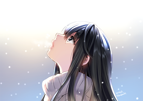 Anime picture 1000x707 with original nardack single long hair fringe black hair signed looking away parted lips profile black eyes dated snowing looking up girl sweater teardrop