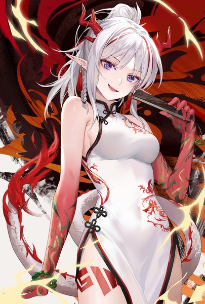 Anime picture 2000x2963 with arknights nian (arknights) nian (unfettered freedom) (arknights) hongbaise raw single long hair tall image looking at viewer fringe highres breasts open mouth smile large breasts standing purple eyes bare shoulders holding payot white hair