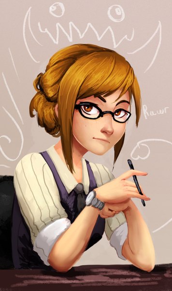 Anime picture 800x1349 with carlos eduardo single tall image looking at viewer short hair blonde hair sitting signed orange eyes girl glasses clock pocket watch