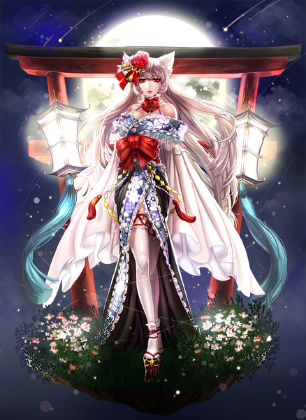 Anime-Bild 1200x1642 mit original bbbox (hotpppink) single long hair tall image looking at viewer fringe red eyes standing bare shoulders animal ears hair flower lips grey hair lipstick red lipstick girl thighhighs hair ornament flower (flowers)