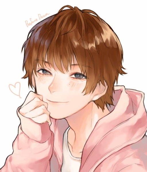 Anime picture 1748x2048 with real life uchida yuuma yokuni (yokunill001121) single tall image looking at viewer blush highres short hair simple background brown hair white background light smile grey eyes boy heart hood hoodie