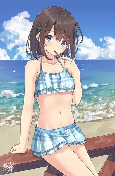Anime picture 770x1174 with original miko fly single tall image looking at viewer blush fringe short hair blue eyes brown hair standing sitting bare shoulders signed sky cloud (clouds) outdoors head tilt arm support bare legs