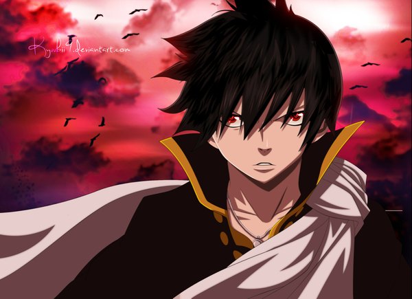 Anime picture 1102x800 with fairy tail zeref kyuubii9 single short hair black hair red eyes sky cloud (clouds) sunlight coloring portrait boy animal bird (birds) pendant cloak