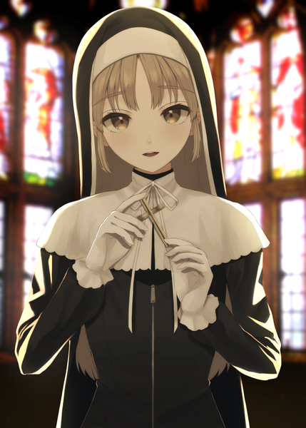 Anime picture 2591x3624 with virtual youtuber nijisanji sister cleaire irise single long hair tall image looking at viewer blush fringe highres open mouth blonde hair smile holding brown eyes upper body indoors long sleeves depth of field