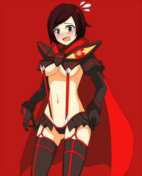 Anime picture 1211x1500 with rwby kill la kill studio trigger rooster teeth matoi ryuuko ruby rose senketsu rouzille single tall image blush short hair breasts open mouth light erotic simple background red hair grey eyes embarrassed underboob