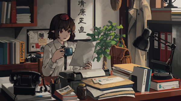 Anime picture 2851x1603 with touhou shameimaru aya mikado (winters) single highres short hair smile red eyes brown hair wide image sitting indoors long sleeves pointy ears reading office girl shirt necktie white shirt