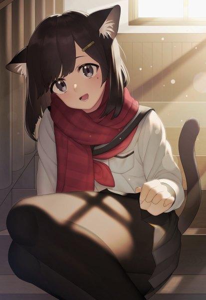 Anime picture 2075x3009 with original yoshihiro (yoshihiro12190) single tall image looking at viewer blush fringe highres short hair open mouth smile brown hair sitting animal ears bent knee (knees) indoors tail head tilt :d animal tail