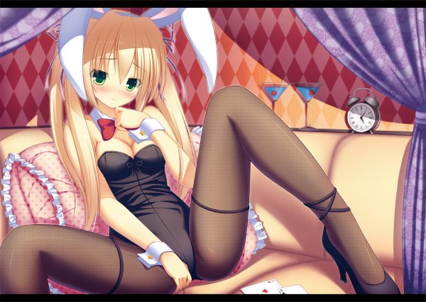 Anime picture 1200x853 with original ichiroku single long hair looking at viewer blush light erotic blonde hair sitting twintails bare shoulders green eyes animal ears cleavage bunny ears spread legs embarrassed hand on chest bunny girl girl