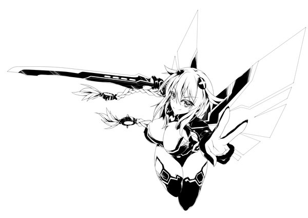 Anime picture 3507x2480 with choujigen game neptune purple heart fi-san single long hair looking at viewer highres light erotic simple background white background absurdres cleavage white hair braid (braids) black eyes monochrome flying mechanical wings girl weapon
