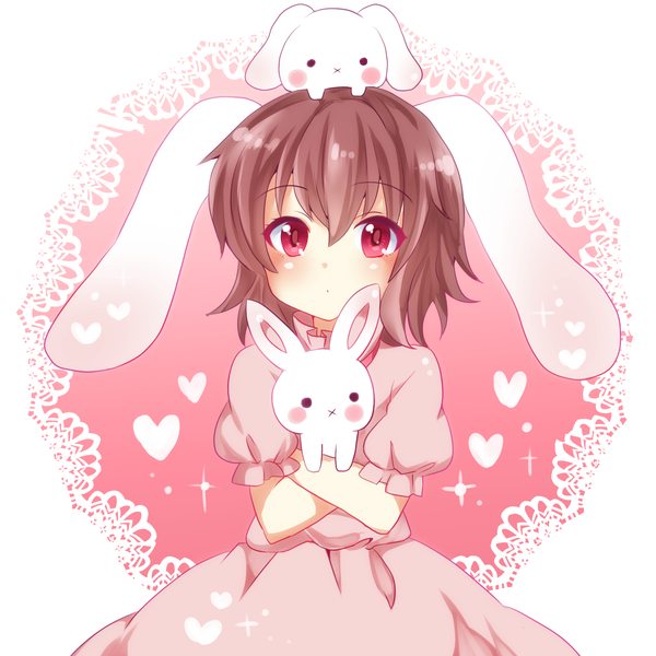 Anime picture 2000x2000 with touhou inaba tewi inaba chako (chakoxxx) single looking at viewer highres short hair red eyes brown hair animal ears sparkle short sleeves bunny ears puffy sleeves hug animal on head :x girl dress