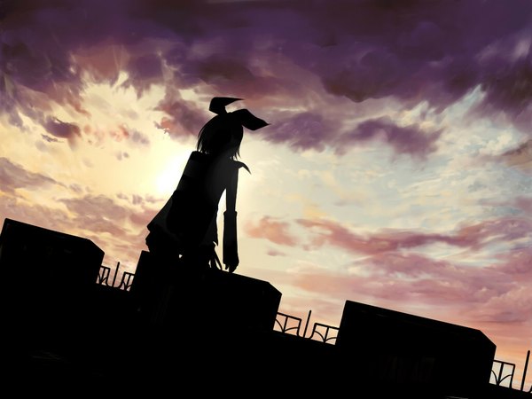 Anime picture 1024x768 with vocaloid kagamine rin kabe neko single short hair cloud (clouds) evening sunset silhouette girl hair ornament detached sleeves building (buildings)